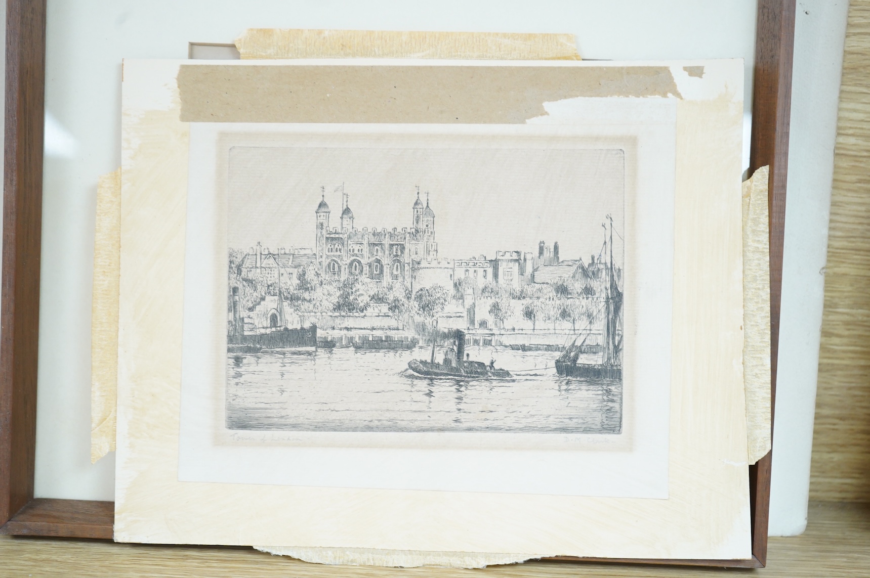 D M Clark, ‘The Tower of London’ and ‘St Paul's from Bankside’, each signed, two etchings together with Fred Millar, two mezzotints, signed in pencil, unframed, largest 50 x 41cm